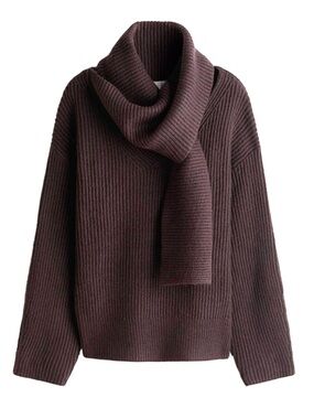 KEOMUD Brown Cozy Ribbed Turtleneck Sweater with Scarf Large